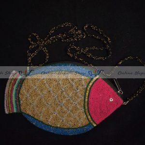 Fish Designed Crochet Glass Purse With Zipper & Strap