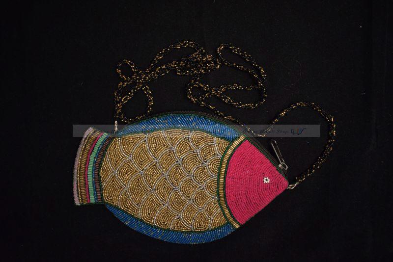 Fish Designed Crochet Glass Purse With Zipper & Strap