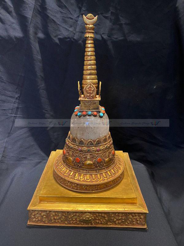 Handmade Crystal Stupa With Fire Gold