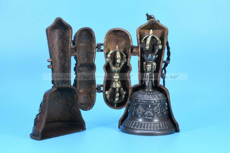 Copper Bronze Mantra Chhepu Dorje Vajra Bell & Holder Box - Image 2